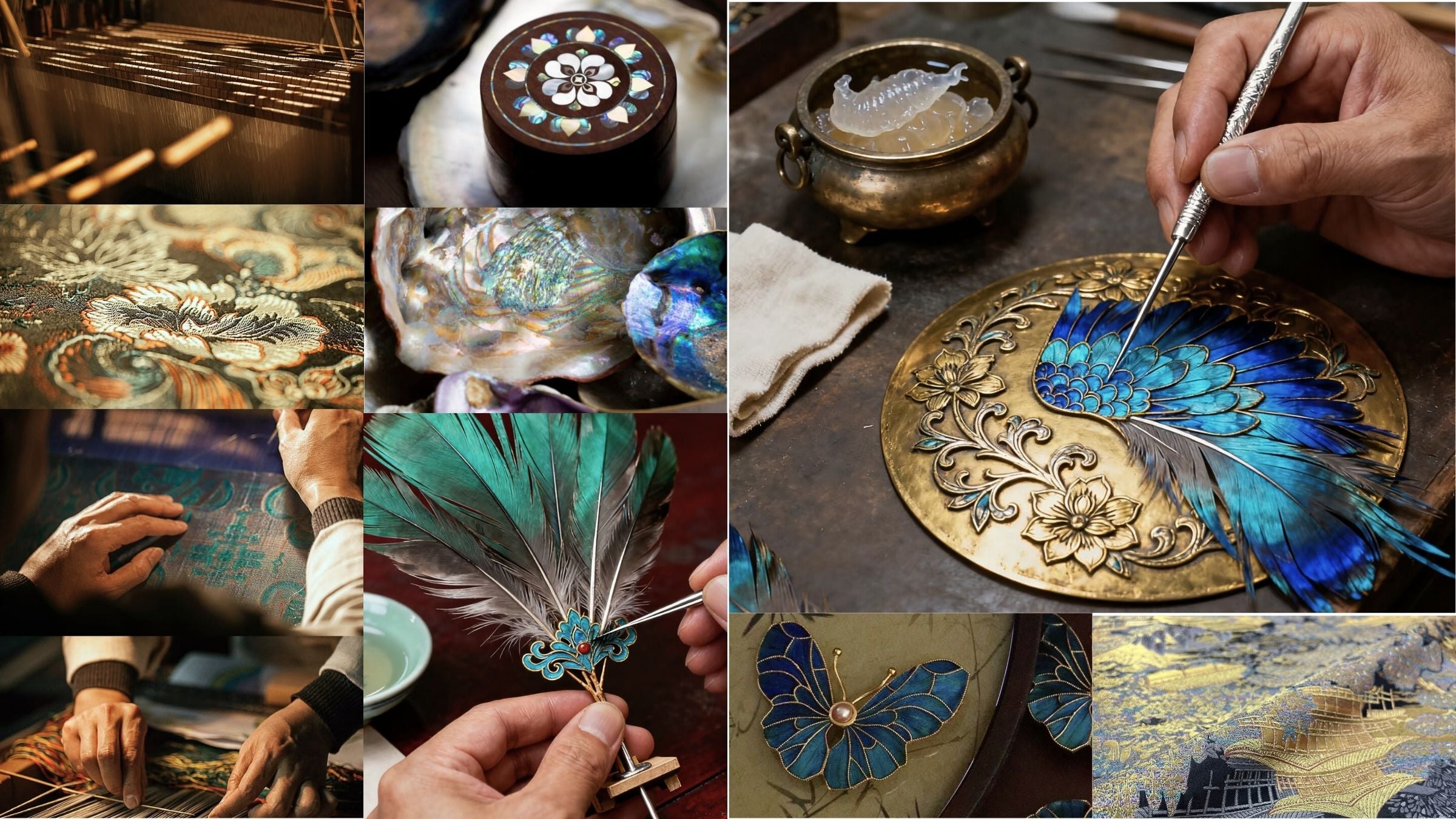 Brand story collage for Jinherit featuring Song brocade weaving, mother-of-pearl inlay, cloisonné craftsmanship, feather ornament making, and heritage-inspired artisan details.