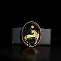 Custom mother-of-pearl inlay unicorn brooch with iridescent shell detail on a black display stand.