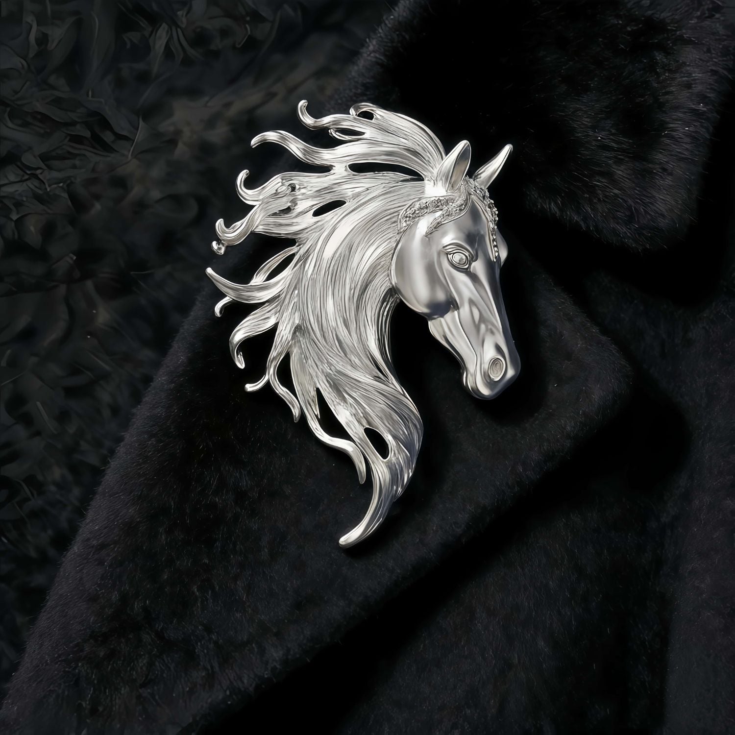Silver-tone equestrian horse brooch with sculpted mane and vintage-inspired finish on black velvet.