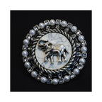 Jinherit Gentle Guardian vintage elephant brooch pin with faux pearl accents, round badge silhouette, aged silver-tone detail, and quiet strength symbolism.