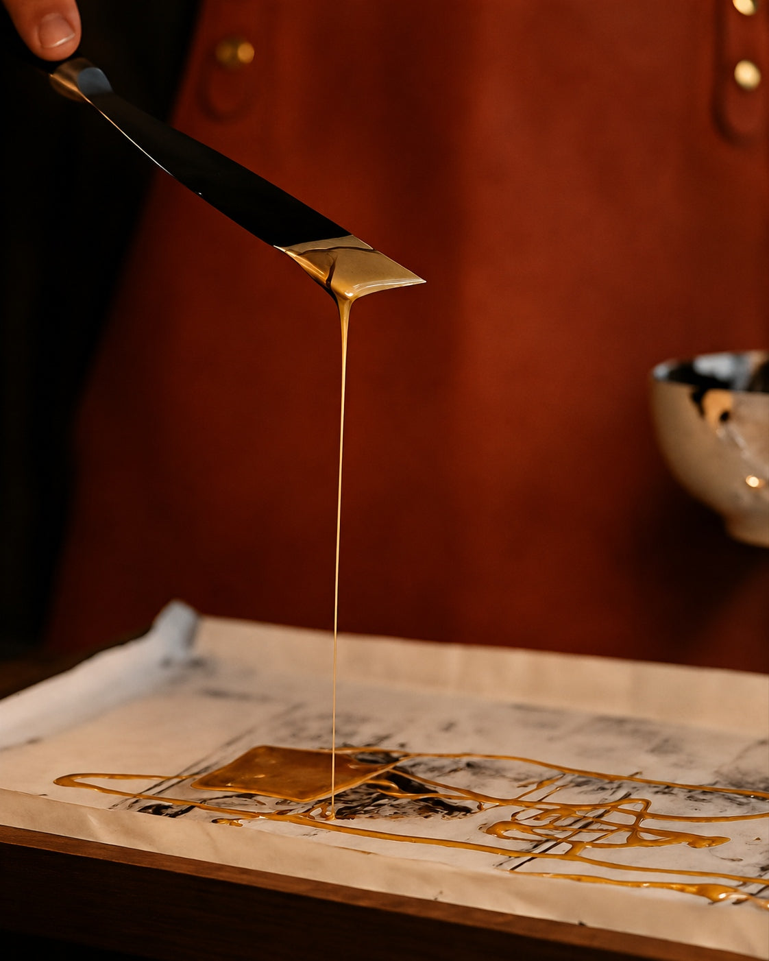 Flowing Chinese lacquer captured mid-process, revealing the material beauty of traditional lacquer craftsmanship for Jinherit Artisan Heritage.