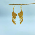 Jinherit Imperial Wing gold filigree drop earrings, featuring Chinese filigree wirework, layered wing-inspired openwork, hook earring design, and light-catching gold-tone movement.
