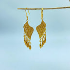 Jinherit Imperial Wing gold filigree drop earrings, featuring Chinese filigree wirework, layered wing-inspired openwork, hook earring design, and light-catching gold-tone movement.