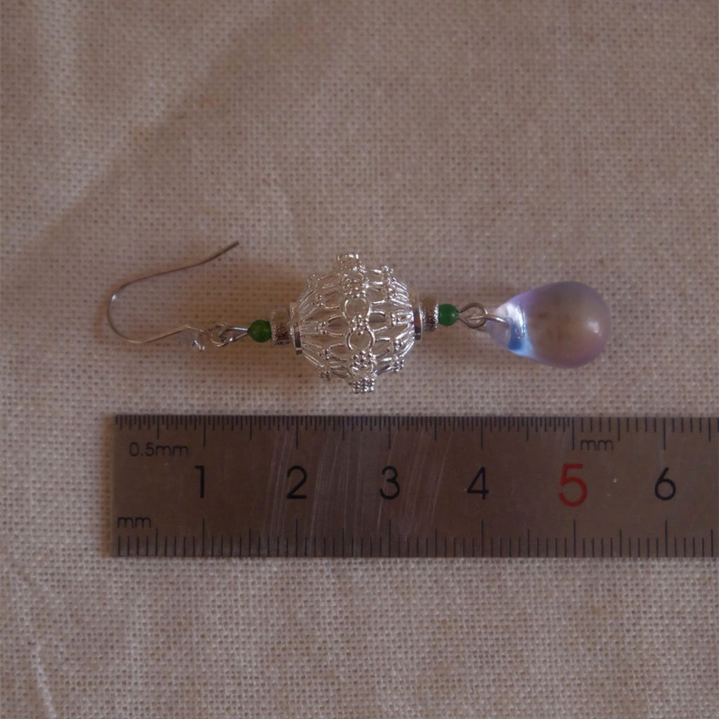 Jinherit Moonlit Lantern silver openwork drop earrings size detail, showing the approx. 5 cm length with S925 sterling silver, green jade beads, and glass teardrop accents.