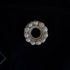 Jinherit Silver Halo baroque pearl embroidered brooch pin, featuring freshwater baroque pearls and hand-sewn Miyuki beadwork in a circular design on a dark background.