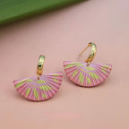 Jinherit The Four Seasons hand-painted fan dangles in Summer Radiance, showing pink fan-shaped earrings with vibrant hand-painted detail, floral energy, and playful seasonal color.