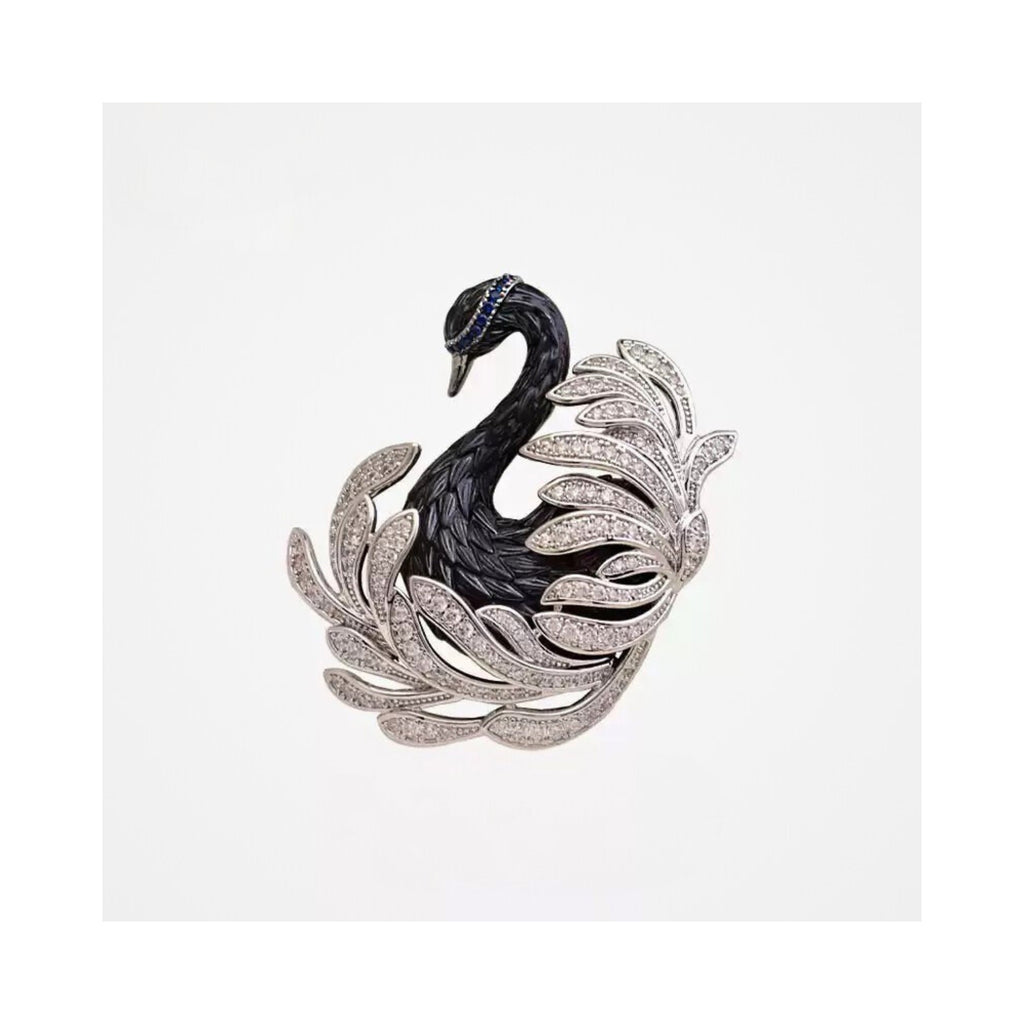 Jinherit Midnight Grace black swan crystal brooch detail view with pavé zircon feather lines, Austrian blue crystal accents, and sculptural statement silhouette.