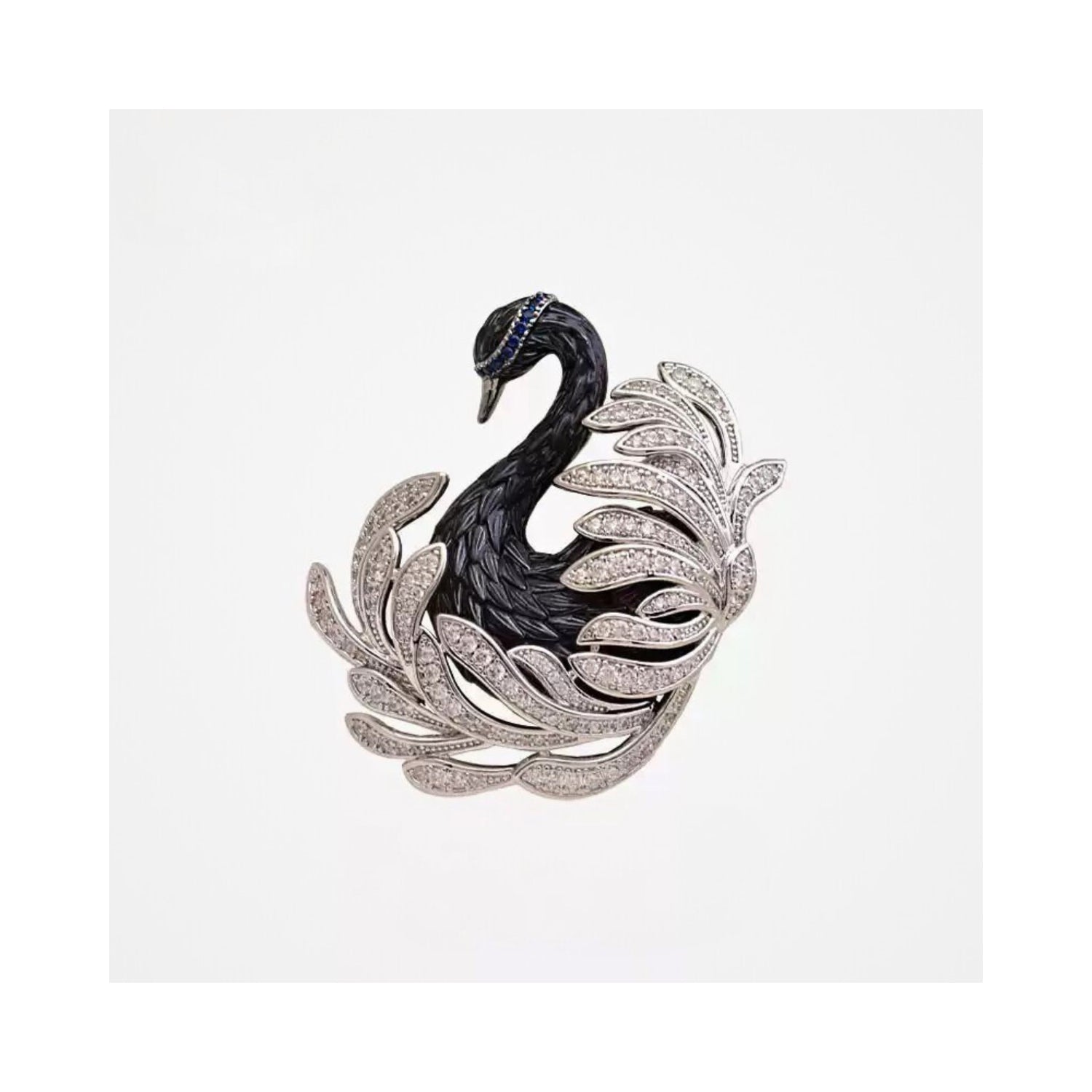 Jinherit Midnight Grace black swan crystal brooch detail view with pavé zircon feather lines, Austrian blue crystal accents, and sculptural statement silhouette.
