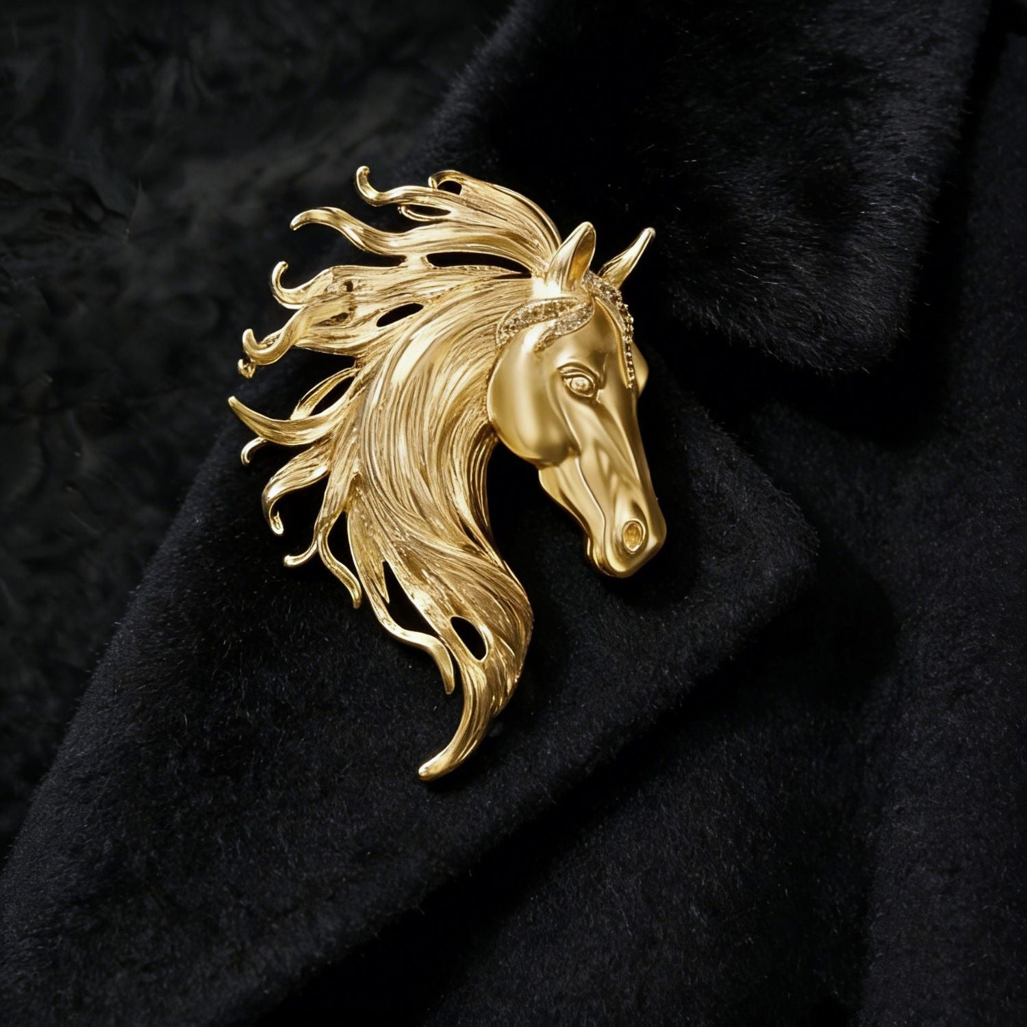 Detail video of Gallant Spirit gold and silver equestrian horse brooches showing sculpted mane, metallic shine, and scale.