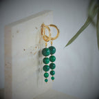 Jinherit Zen Line emerald-green bead drop hoops shown in a detail video, highlighting graduated green beads, gold-tone hoops, and minimalist vertical movement.